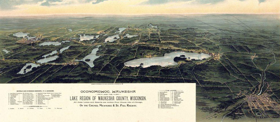 Historic hand-painted aerial map title "Oconomowoc, Waukesha and the lake region of Waukesha County, Wisconsin."